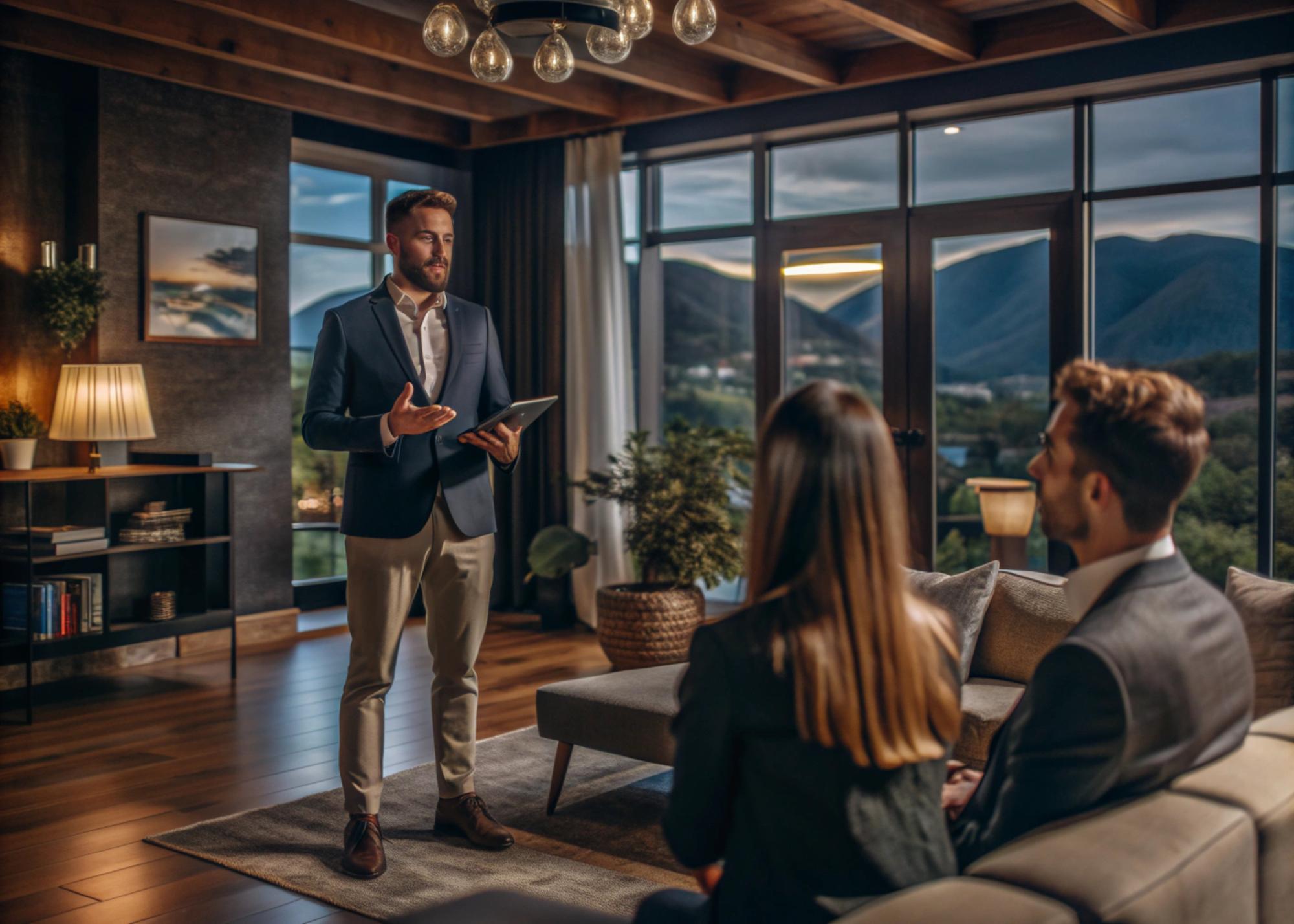 agent vanzari discutand cu proprietar in living modern